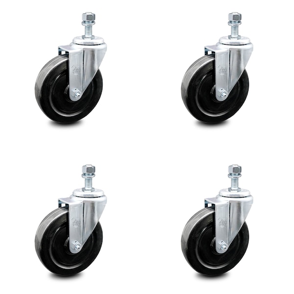 5 Inch Hard Rubber Wheel Swivel 1/2 Inch Threaded Stem Caster Set